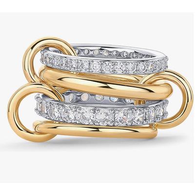 跨境不锈钢环环相扣满钻锆石三环戒指双色多元素新款现货亚马逊