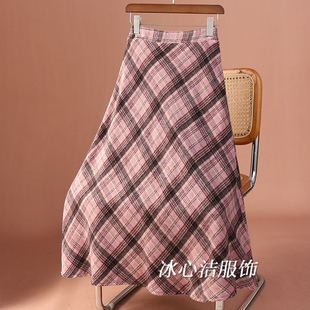 冬天复古格纹毛呢a字半身裙女秋冬2025新款中长款格子裙长裙半裙