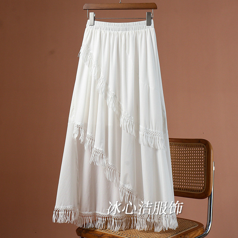 夏日巨好看的不规则流苏半身裙女夏季2025新款白色拼接裙子伞裙