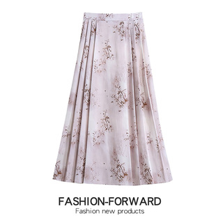 新中式国风提花百褶半身裙女春季新款小个子显瘦裙子A字长裙半裙