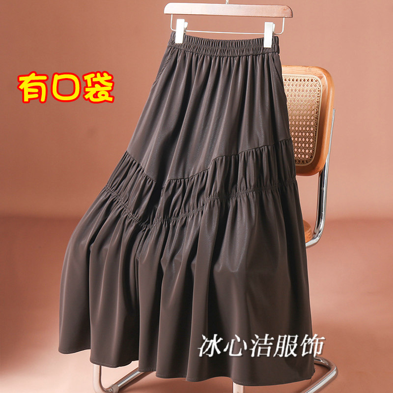 咖色复古抽褶PU皮半身裙女冬季新款小个子显瘦裙子长裙半裙皮裙