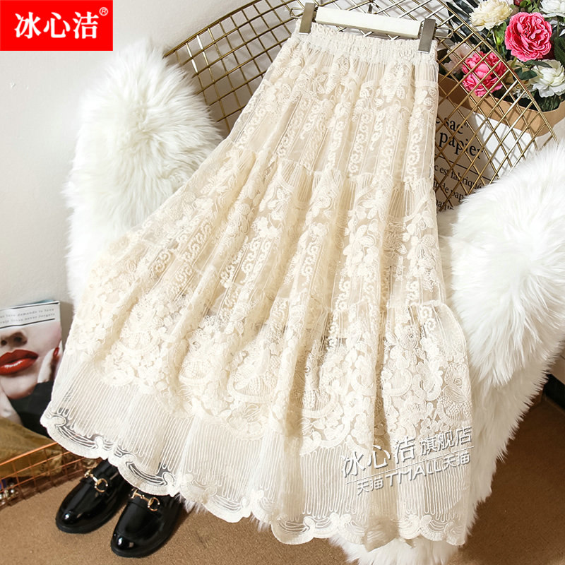 冬季小香风蕾丝欧根纱蛋糕半身裙女秋冬大摆裙子纱裙拼接网纱半裙