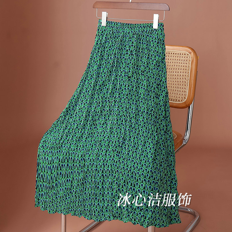 绿色褶皱碎花雪纺百褶半身裙女夏季新款小个子显瘦裙子半裙长裙夏