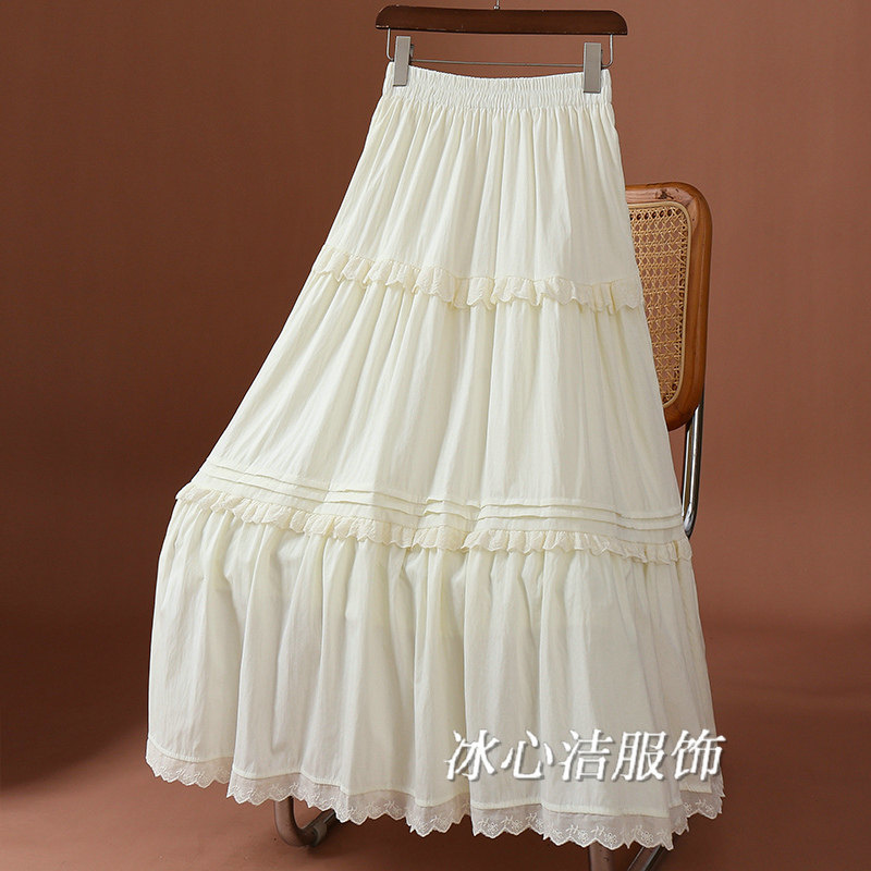 好看长款白色花边拼接蛋糕裙半身裙女2026新款A字蓬蓬长裙子半裙