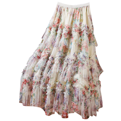 法式钉珠印花网纱蛋糕裙半身裙