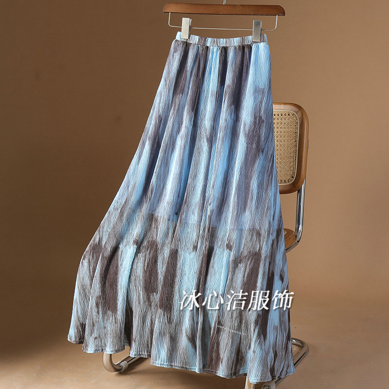 油画风晕染印花纱裙半身裙女2025新款高腰显瘦大摆裙子长裙半裙