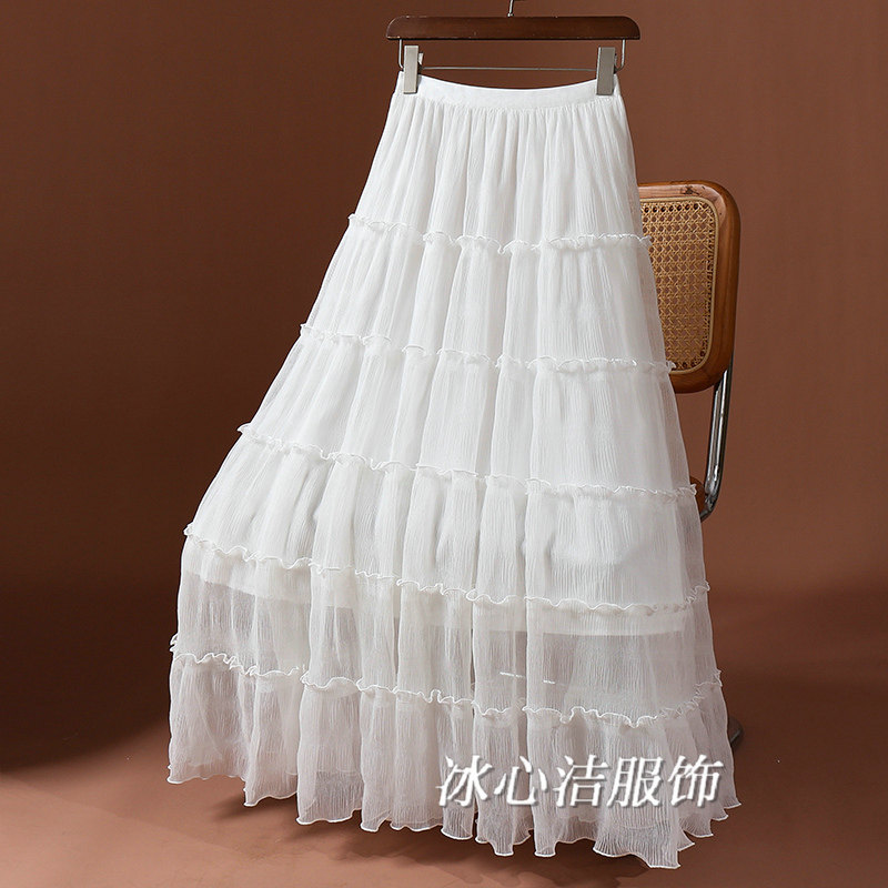 绝美漂亮细褶网纱蛋糕裙半身裙女2026早春新款白色纱裙大摆裙长裙