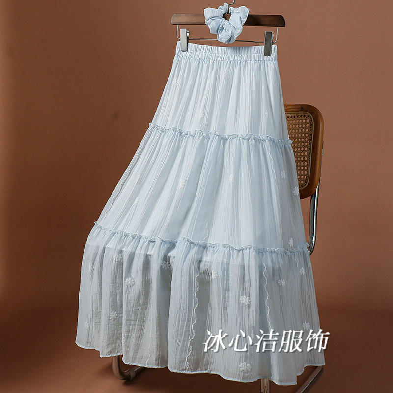 海边度假风飘逸垂感大摆伞裙女夏日甜美气质刺绣花朵半身裙配发圈