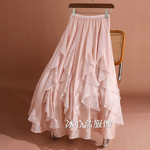巨好看粉色不规则蕾丝花边半身裙女2026春季新款绝美漂亮裙子长裙