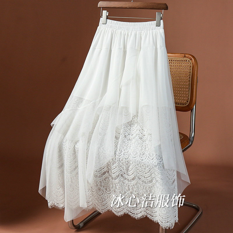 白色蕾丝拼接网纱半身裙女夏季2025新款设计感不规则纱裙长裙子
