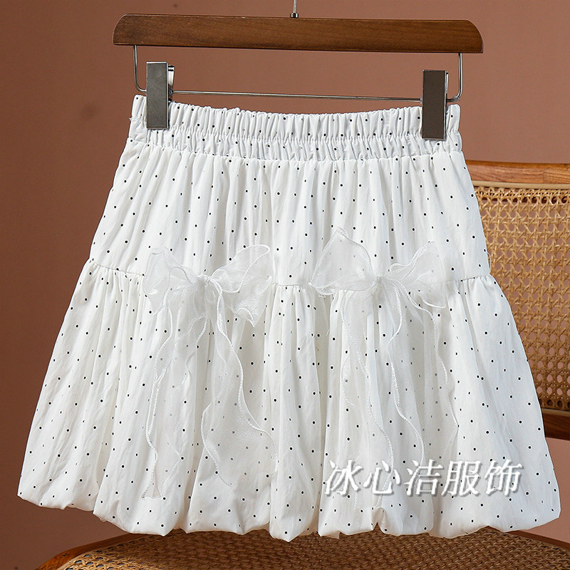 蝴蝶结白色波点花苞短裙半身裙女夏季2025新款防走光a字蓬蓬裙子