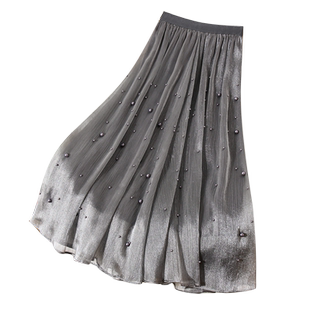 珍珠灰色流光纱裙欧根纱半身裙女春秋季2025新款小个子长裙子半裙