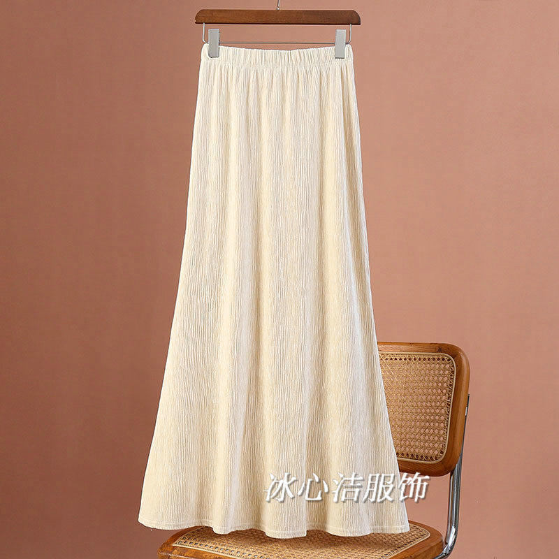 杏色褶皱条绒鱼尾半身裙女秋季2025新款高腰显瘦A字裙子长裙半裙,女装/女士精品,半身裙,淘宝优惠券,粉丝福利购,淘宝优惠卷