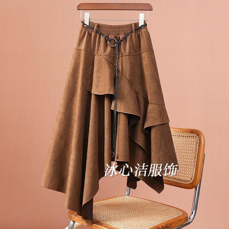 不规则荷叶边鹿皮绒半身裙