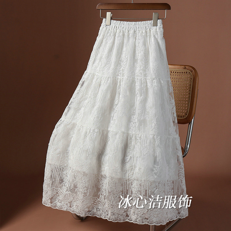 白色刺绣蕾丝纱裙半身裙女2025春季新款显瘦中长款裙子伞裙半裙