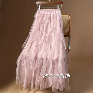 粉色不规则层层网纱蛋糕裙半身裙女秋季2025新款白色裙子长裙纱裙