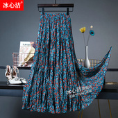 开叉蓝色小碎花雪纺百褶裙半身裙女夏季 2025新款 裙子花裙半裙长裙