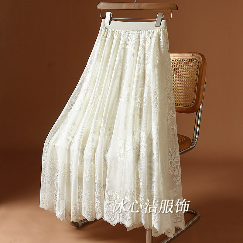 巨好看白色蕾丝半身裙女秋冬新款高腰a字裙垂感大摆镂空裙子长裙