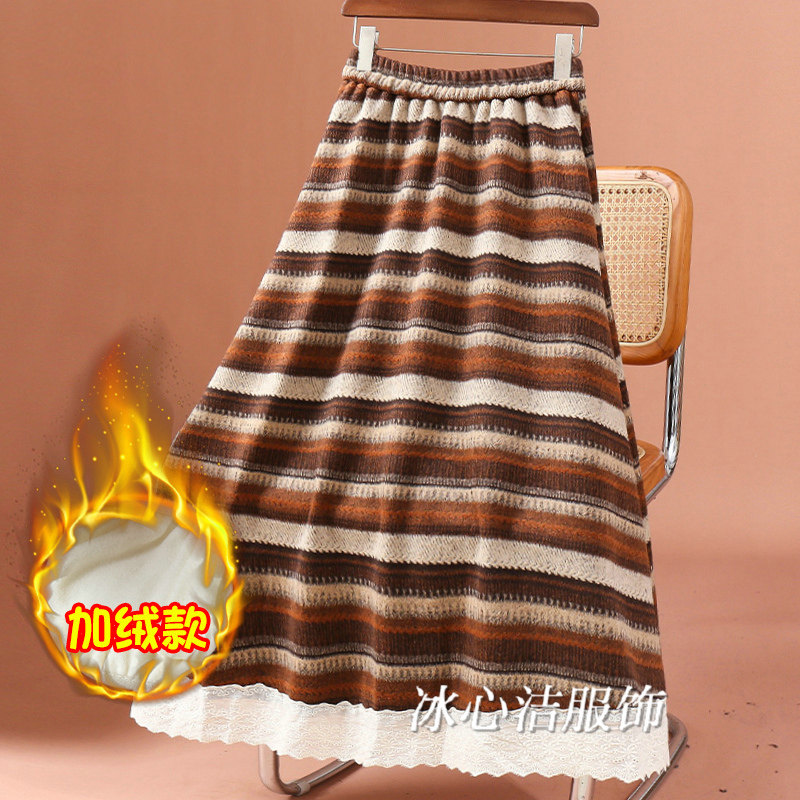 秋冬加绒加厚条纹毛呢半身裙女2025新款好看a字裙伞裙长裙冬裙