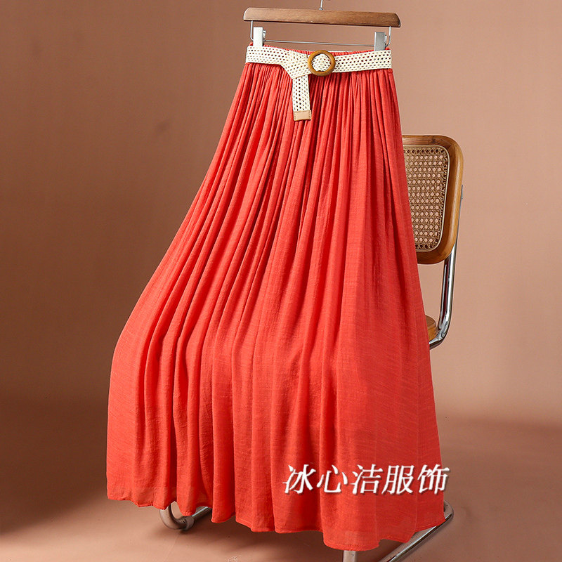 多巴胺垂感大摆仿棉麻长款半身裙女夏2025新款高腰显瘦A字裙子长