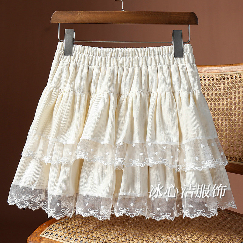 秋冬蕾丝拼接丝绒半身裙短裙女2025新款高腰显瘦小个子花边蛋糕裙