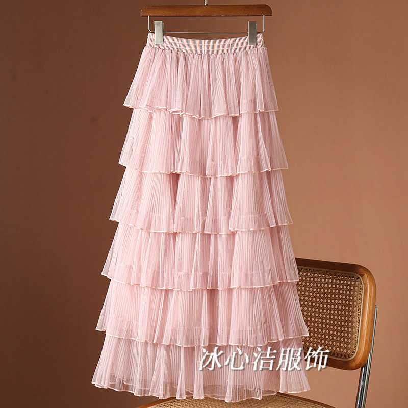 超仙白色网纱蛋糕裙半身裙女夏季2025新款卡其色蓬蓬纱裙半裙长裙