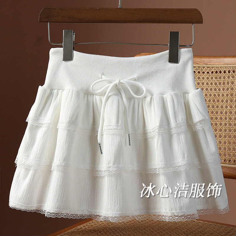 白色蕾丝花边蛋糕裙蓬蓬短裙女2025春秋款高腰显瘦丝绒半身裙伞裙