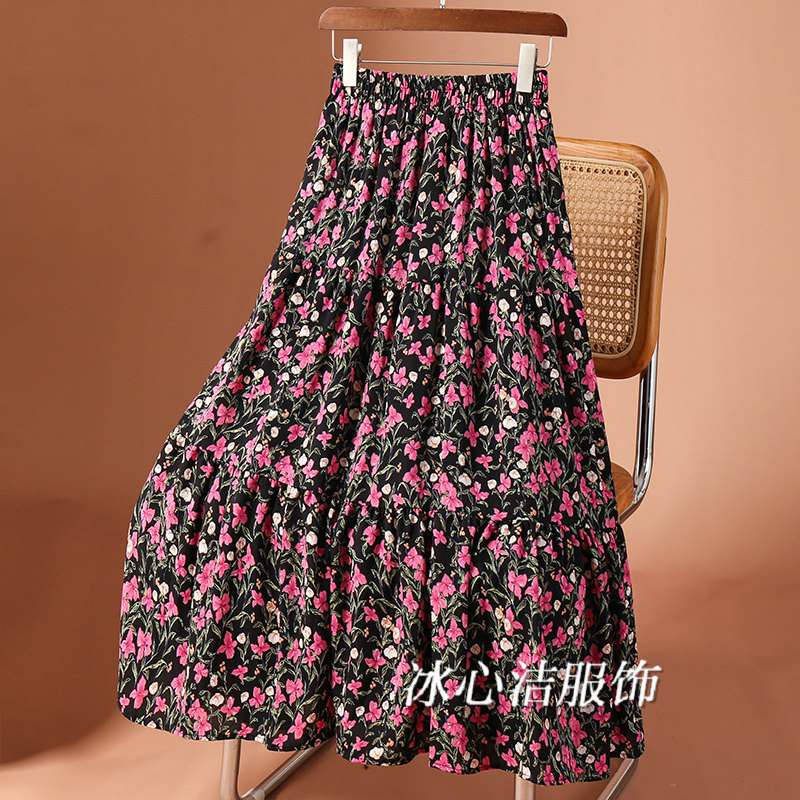 黑色中长款碎花雪纺蛋糕裙半身裙女夏季高腰显瘦小个子裙子长裙