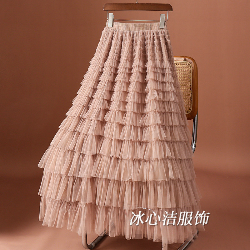 卡其色层层网纱裙蛋糕裙半身裙女秋冬2025新款白色纱裙子长裙半裙