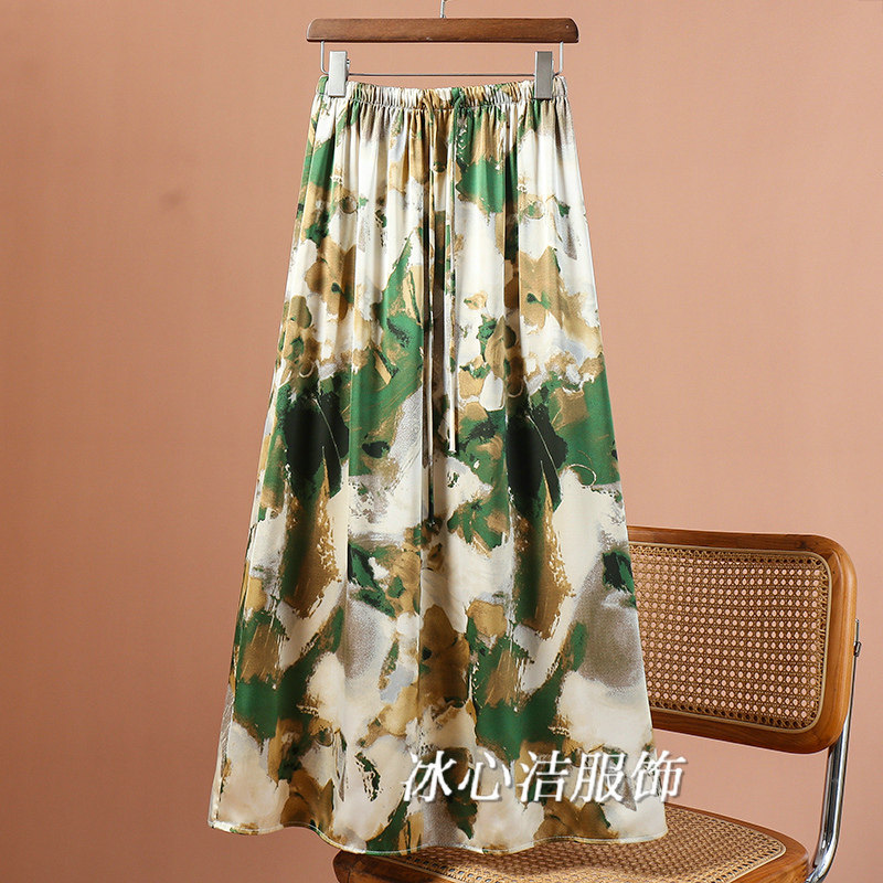 夏天晕染印花醋酸半身裙女夏薄款2025新款抽绳A字大摆裙子长裙