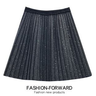 冬季加厚毛呢细闪亮片短裙半身裙女秋冬2025新款百褶a字裙子冬裙