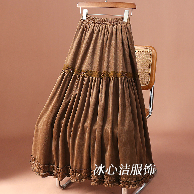 森系木耳边拼接丝绒半身裙