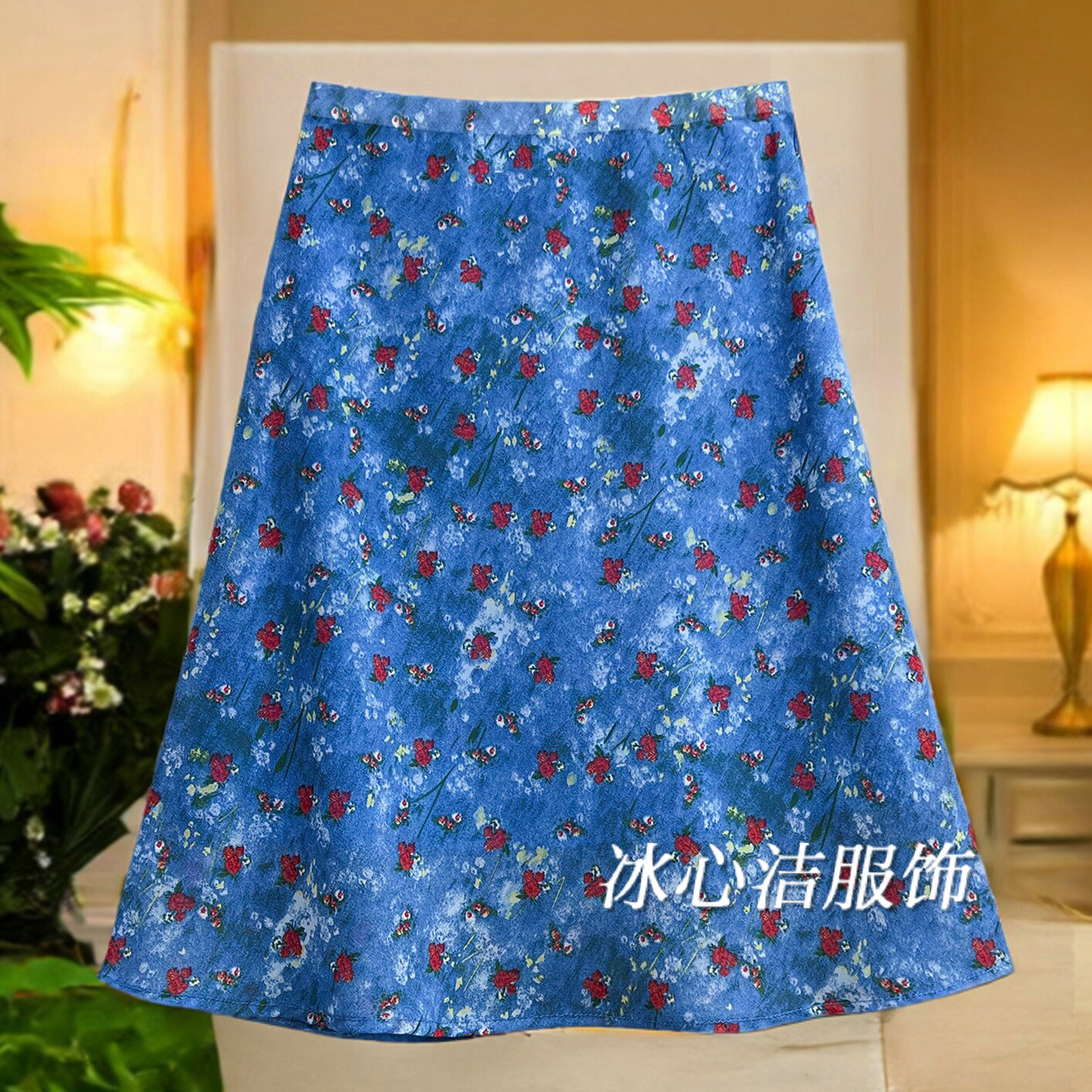 流行爆款蓝色碎花半身裙女包臀裙