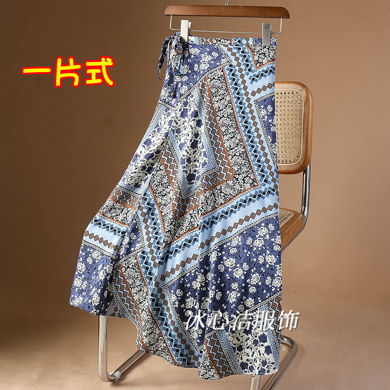 一片式绑带碎花雪纺半身裙