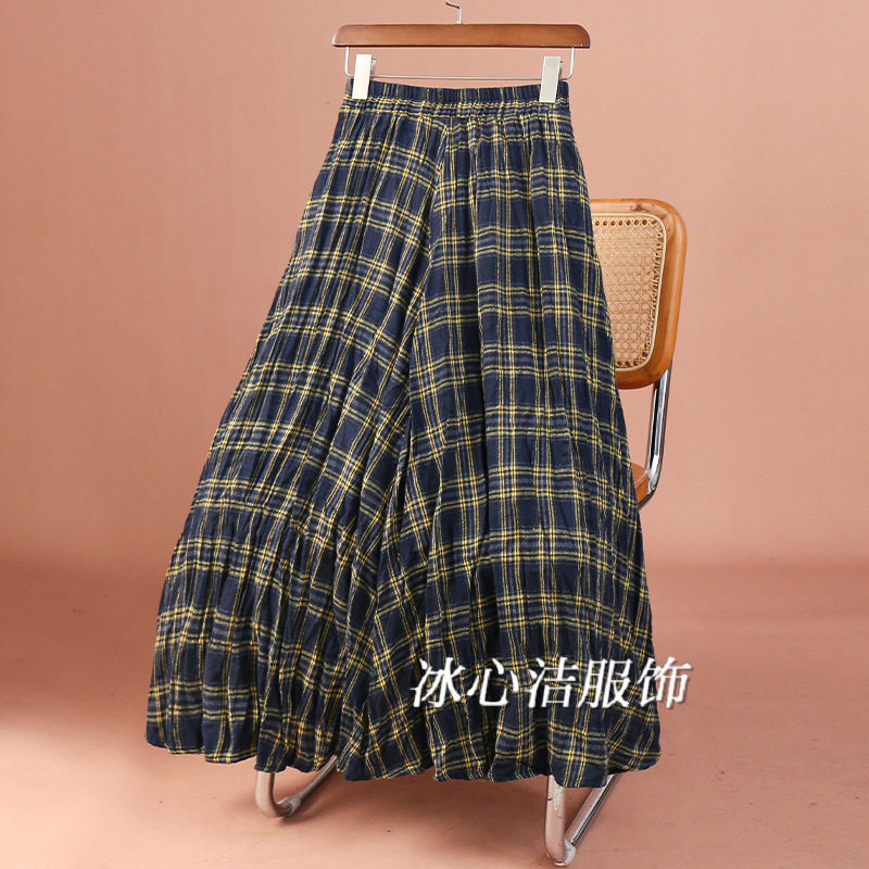 显瘦褶皱大摆格子半身裙