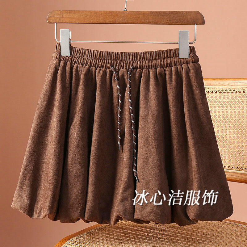 秋冬小个子复古鹿皮绒半身裙2025秋季新款抽绳蓬蓬花苞短裙伞裙