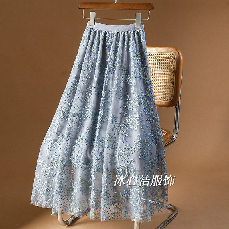 重工刺绣网纱半身裙女夏2023新款小个子蓝色绣花裙子半裙长裙纱裙