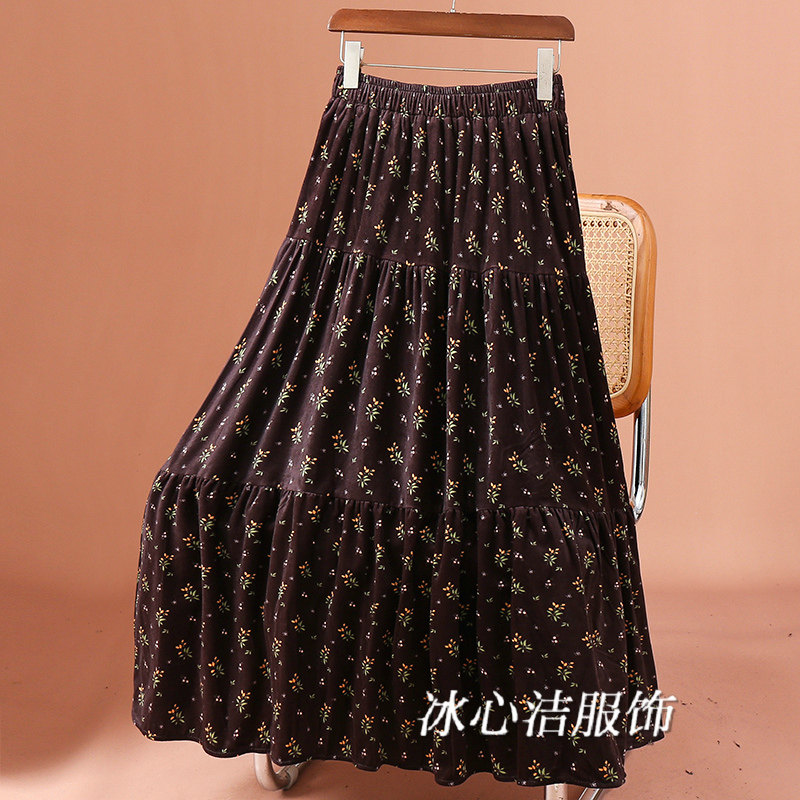 秋冬复古碎花加厚丝绒半身裙女2025冬季新款A字垂感蛋糕长裙半裙