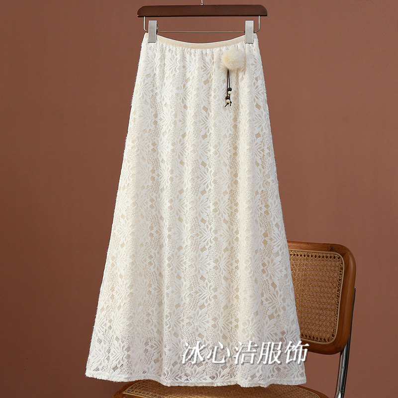 高级感磨毛蕾丝A字半身裙女秋冬2025新款绝美好看中长款裙子长裙