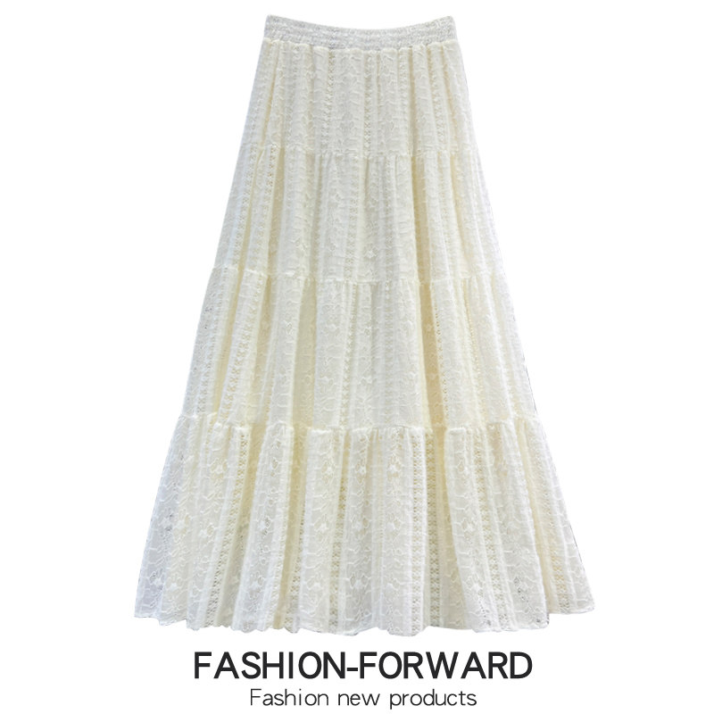 秋冬款磨毛蕾丝拼接半身裙女2026新款冬天好看白色大摆裙长裙