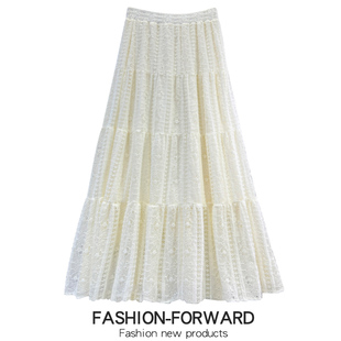 秋冬款磨毛蕾丝拼接半身裙女2026新款冬天好看白色大摆裙长裙