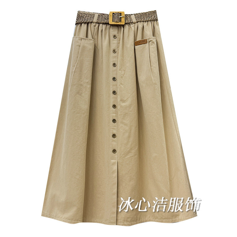 卡其色休闲工装裙半身裙棉女夏季2026新款口袋腰带A字长裙子半裙
