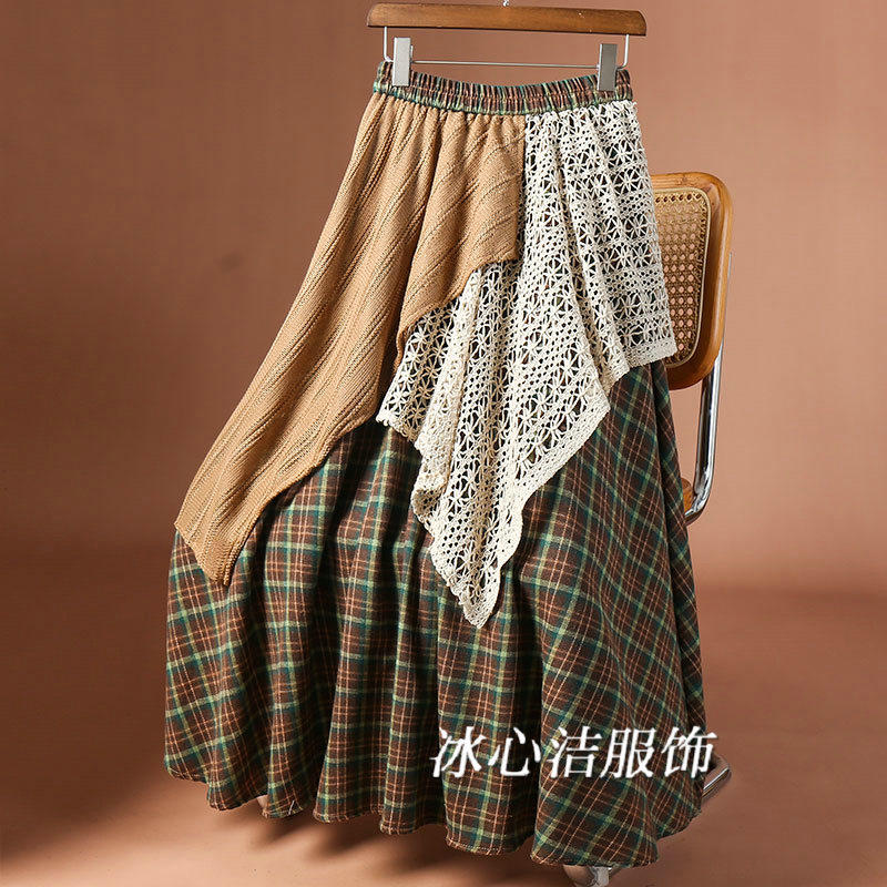 秋冬设计感假两件不规则毛呢格子半身裙女冬季新款显瘦裙子长裙
