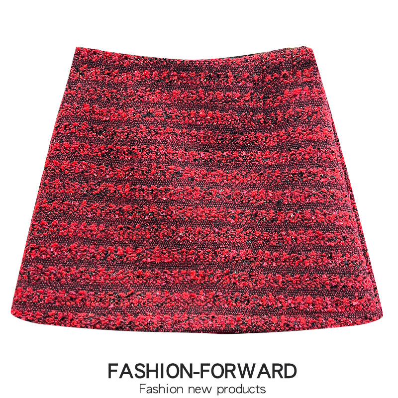 冬季新年红色小香风毛呢A字包臀短裙半身裙女2025秋冬防走光裙子