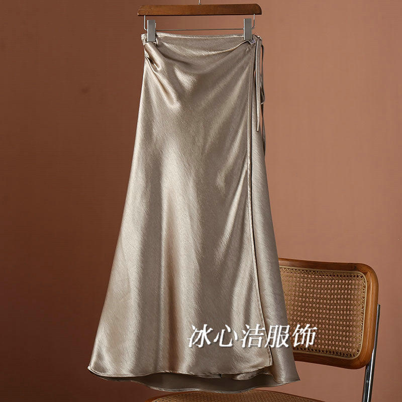 香槟色高级感绑带缎面a字半身裙女秋冬2025年新款显瘦鱼尾裙长裙