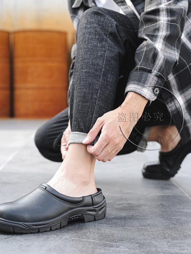 厨房半拖鞋防滑防油厨师鞋皮拖防臭透气劳保鞋男防砸绝缘鞋安全鞋