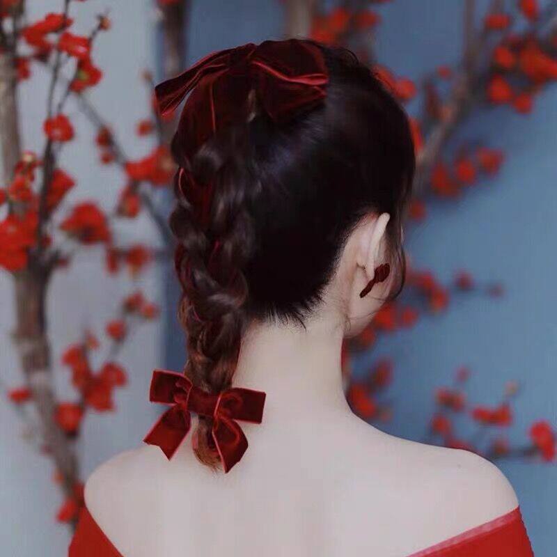 韩版简约气质酒红色新娘头饰仙美丝绒蝴蝶结套装发夹时尚复古发带