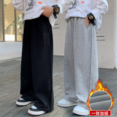 男童加绒裤子冬装中大童加厚阔腿裤2025新款儿童一体绒运动裤男孩