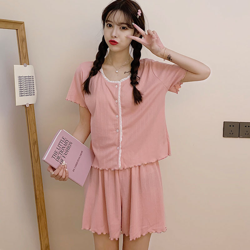 短袖短裤睡衣套装女夏季花边提花针织棉开衫居服夏天薄款休闲