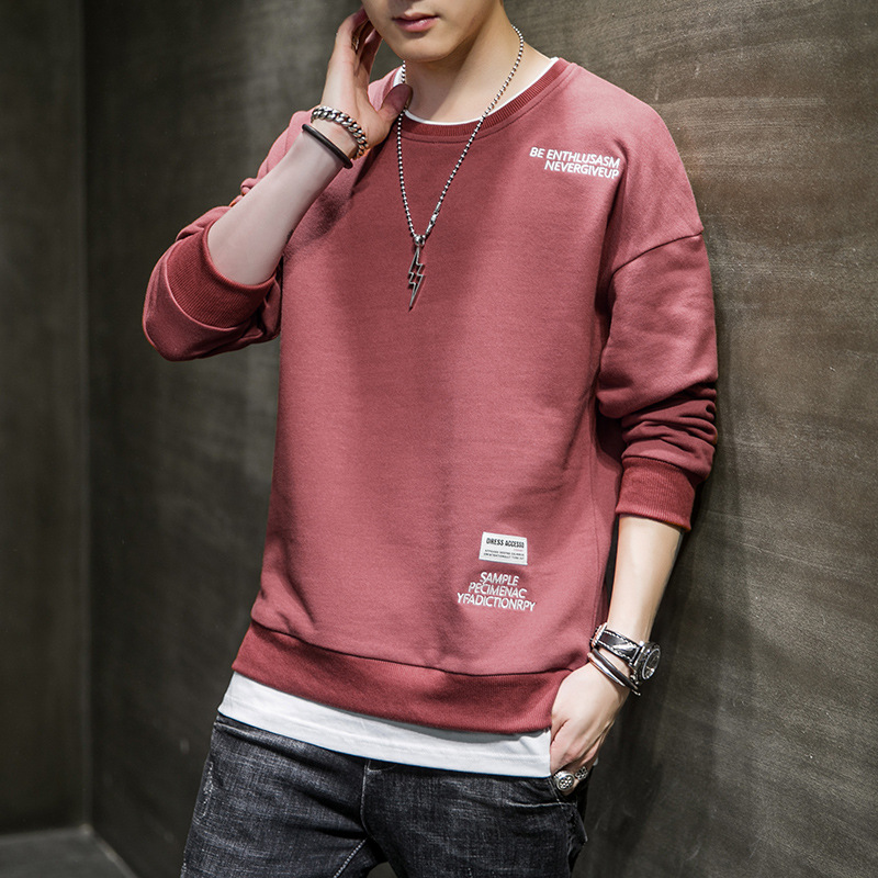 2025春秋季新款卫衣男韩版宽松百搭刺绣圆领假两件上衣服潮流男装